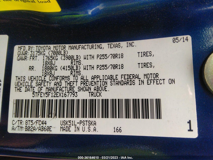 2014 TOYOTA TUNDRA VIN: 5TFEY5F12EX167793