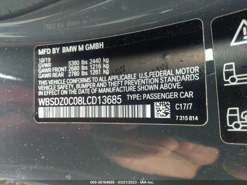 Auction sale of the 2020 BMW M8 , vin: WBSDZ0C08LCD13685, lot number: 36164655