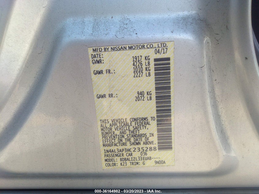 VIN 1N4AL3AP3HC235288 2017 NISSAN ALTIMA 2.5 SV