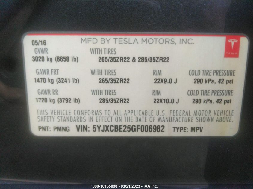 2016 TESLA MODEL X 70D/90D/75D/60D/P100D - 5YJXCBE25GF006982