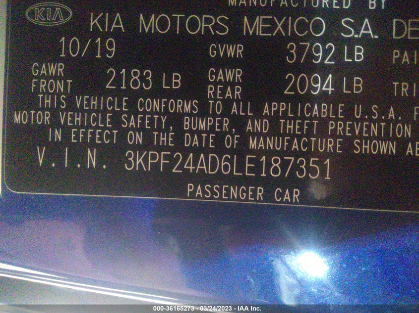 VIN 3KPF24AD6LE187351 2020 KIA FORTE LXS