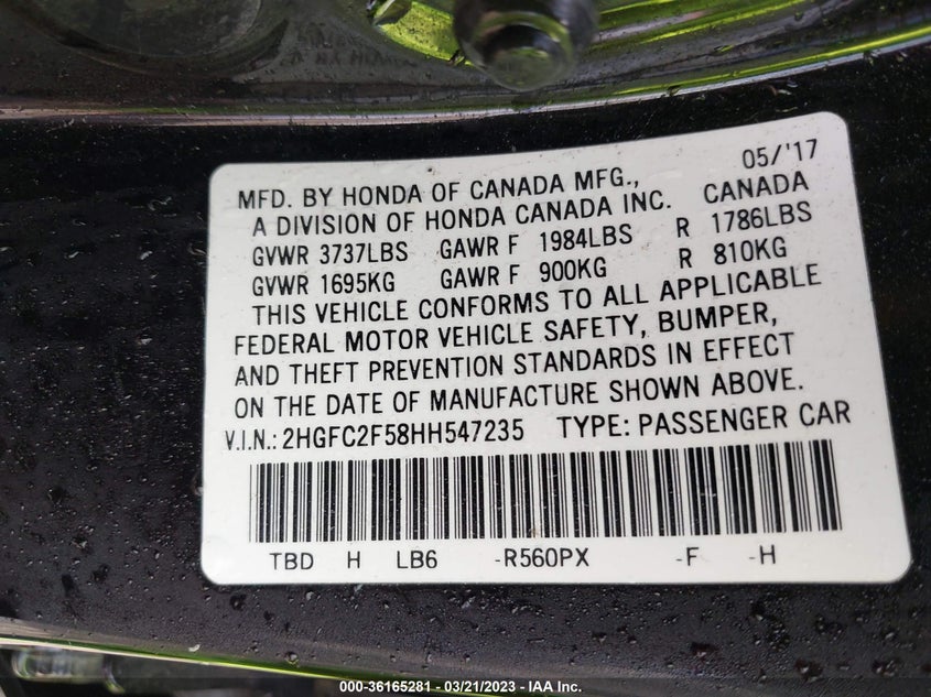VIN 2HGFC2F58HH547235 2017 HONDA CIVIC SEDAN LX