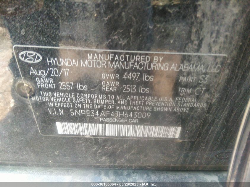VIN 5NPE34AF4JH643009 2018 HYUNDAI SONATA SEL