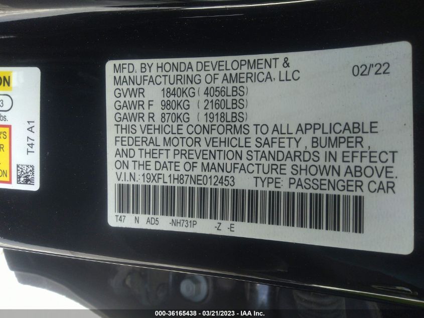 VIN 19XFL1H87NE012453 2022 HONDA CIVIC HATCHBACK no.9