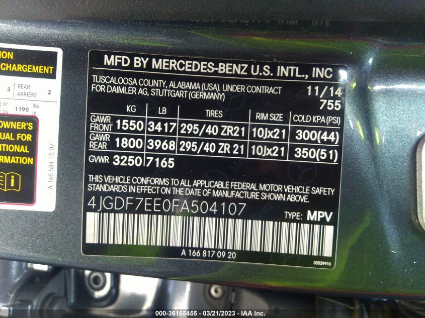 2015 MERCEDES-BENZ GL-CLASS GL 63 AMG 4JGDF7EE0FA504107
