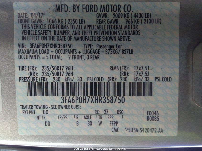 2017 FORD FUSION SE - 3FA6P0H7XHR358750