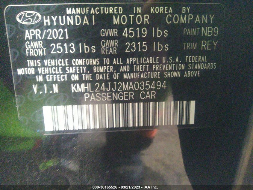 2021 HYUNDAI SONATA HYBRID BLUE - KMHL24JJ2MA035494