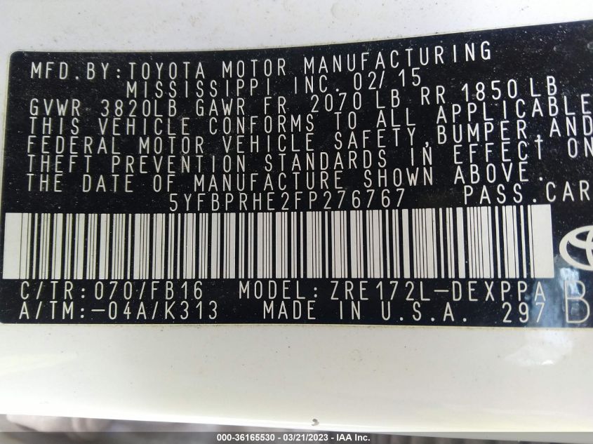 2015 TOYOTA COROLLA LE ECO - 5YFBPRHE2FP276767