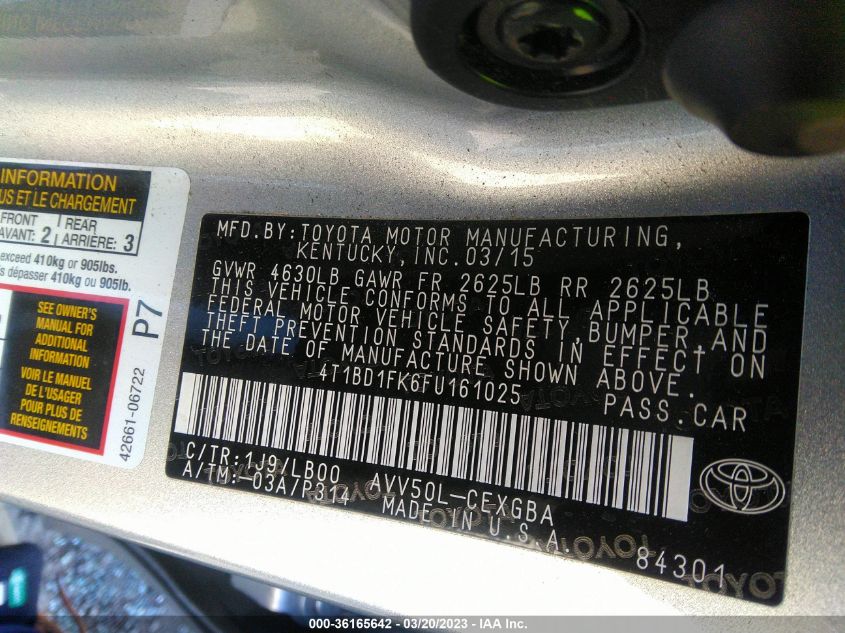 2015 TOYOTA CAMRY HYBRID LE/XLE/SE - 4T1BD1FK6FU161025