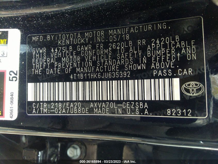 2018 TOYOTA CAMRY LE/SE/XLE/L - 4T1B11HK6JU635392