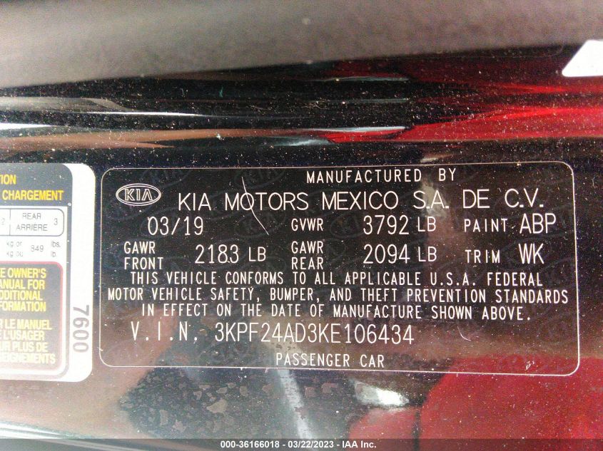 2019 KIA FORTE FE - 3KPF24AD3KE106434
