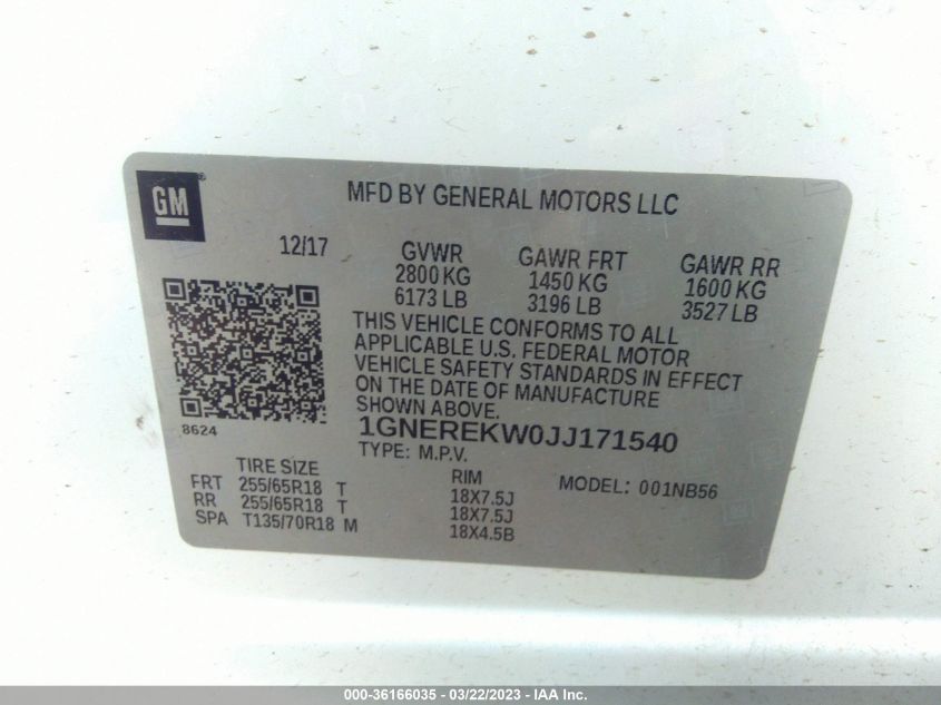 2018 CHEVROLET TRAVERSE L - 1GNEREKW0JJ171540