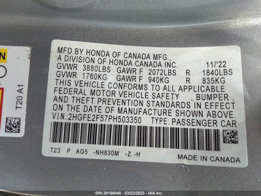 VIN 2HGFE2F57PH503350 2023 HONDA CIVIC SEDAN SPORT