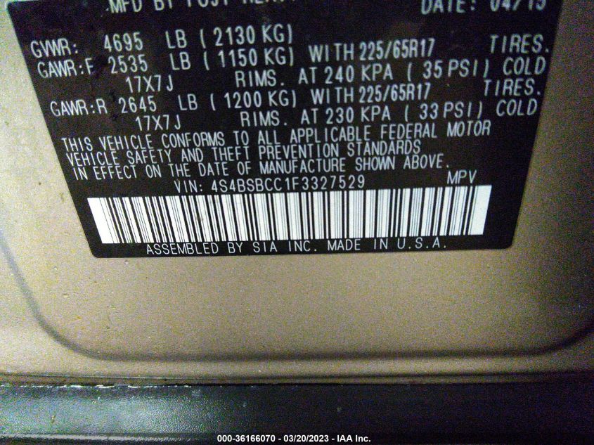 2015 SUBARU OUTBACK 2.5I PREMIUM - 4S4BSBCC1F3327529