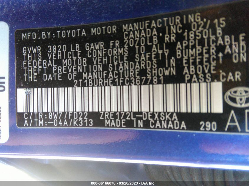 2015 TOYOTA COROLLA L/LE/S/S PLUS/LE PLUS - 2T1BURHE1FC367781