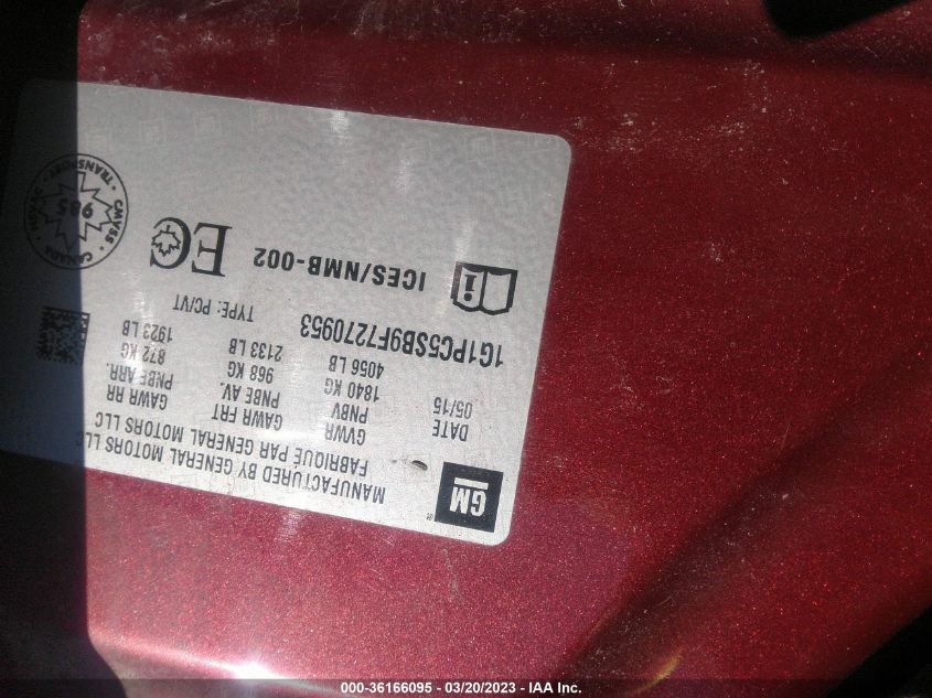 2015 CHEVROLET CRUZE LT - 1G1PC5SB9F7270953