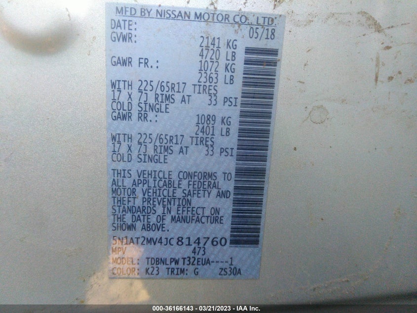 VIN 5N1AT2MV4JC814760 2018 NISSAN ROGUE S