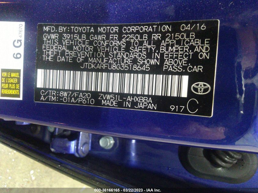 2016 TOYOTA PRIUS FOUR - JTDKARFU8G3518645