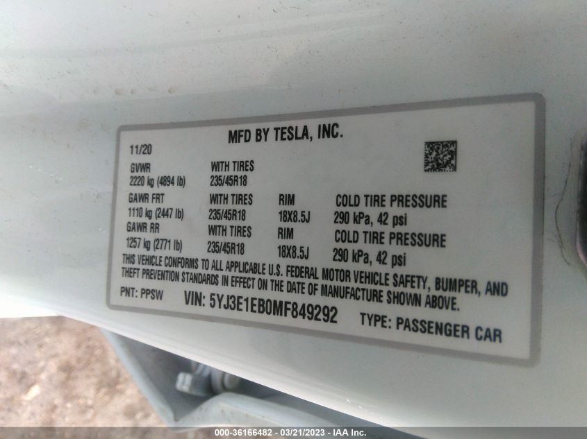 2021 TESLA MODEL 3 LONG RANGE - 5YJ3E1EB0MF849292