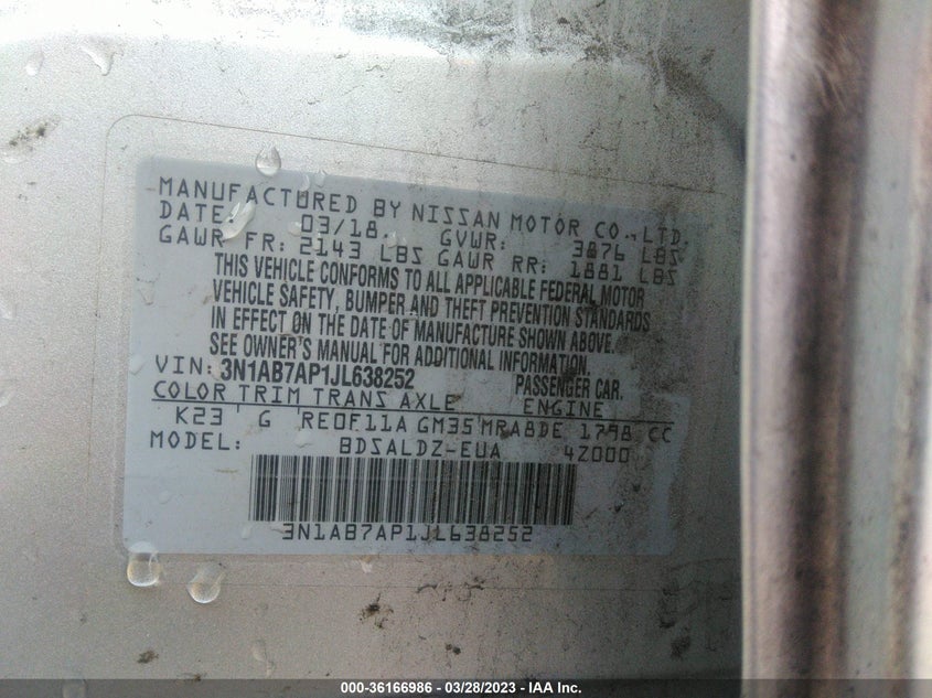 VIN 3N1AB7AP1JL638252 2018 NISSAN SENTRA SV