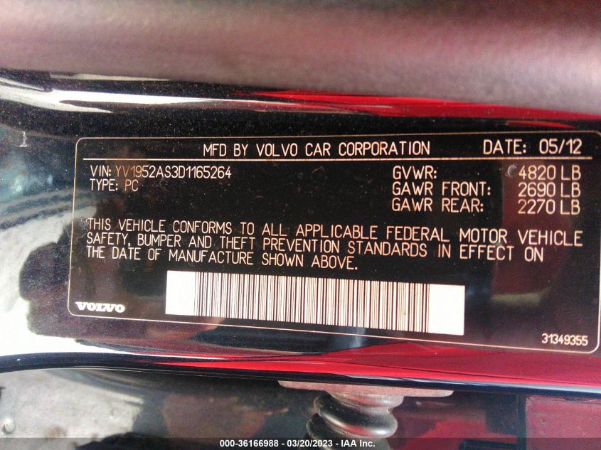 2013 VOLVO S80 3.2L YV1952AS3D1165264