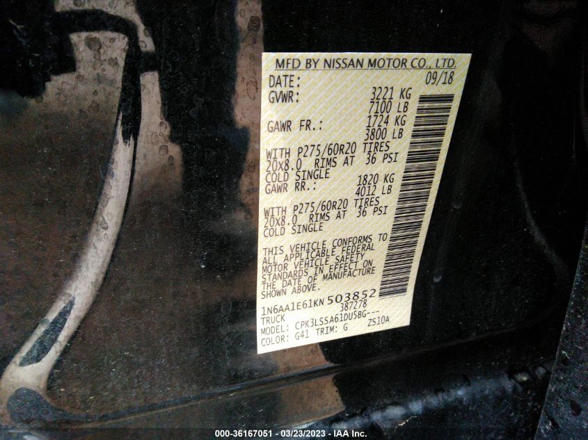2019 NISSAN TITAN SV - 1N6AA1E61KN503852
