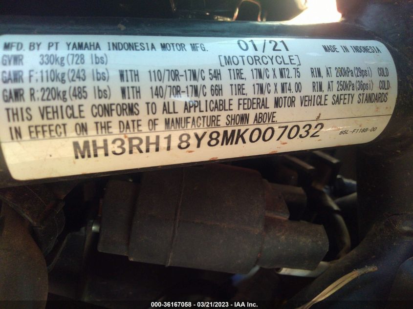 2021 YAMAHA YZFR3 A MH3RH18Y8MK007032
