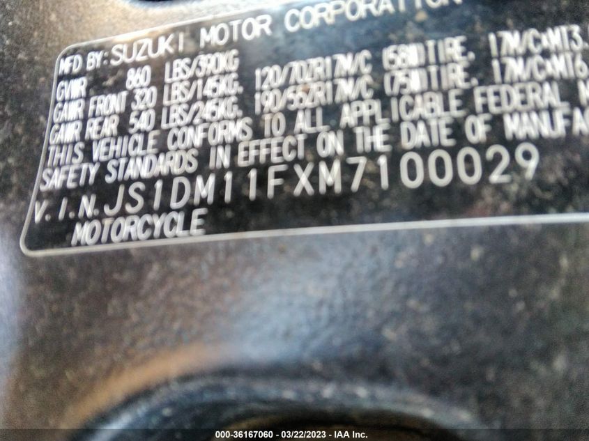 2021 SUZUKI GSX-R1000 JS1DM11FXM7100029