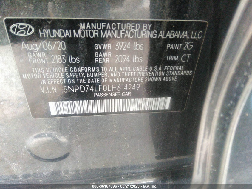 VIN 5NPD74LF0LH614249 2020 HYUNDAI ELANTRA SE