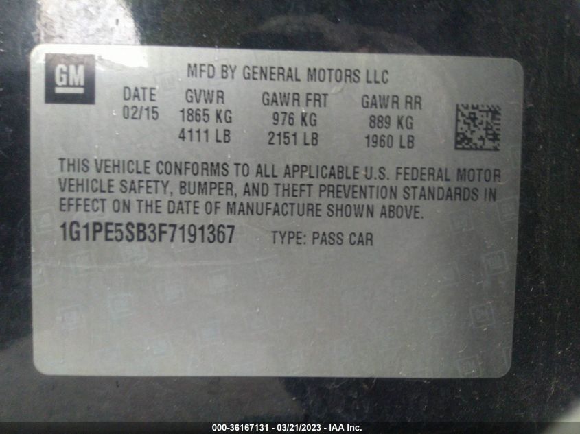 2015 CHEVROLET CRUZE LT - 1G1PE5SB3F7191367