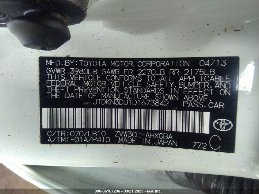 2013 TOYOTA PRIUS ONE/TWO/THREE/FOUR/FIVE - JTDKN3DU1D1673842