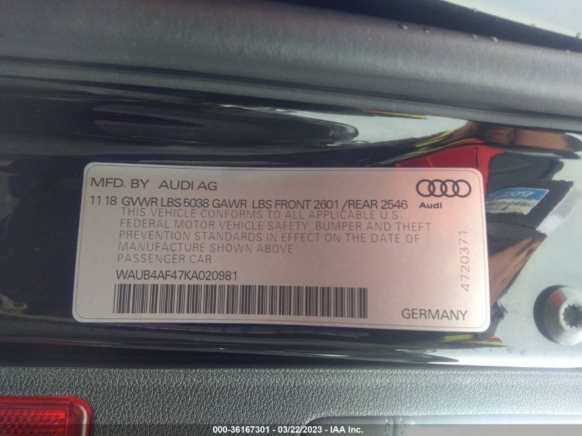 WAUB4AF47KA020981 2019 AUDI S4, photo no. 9