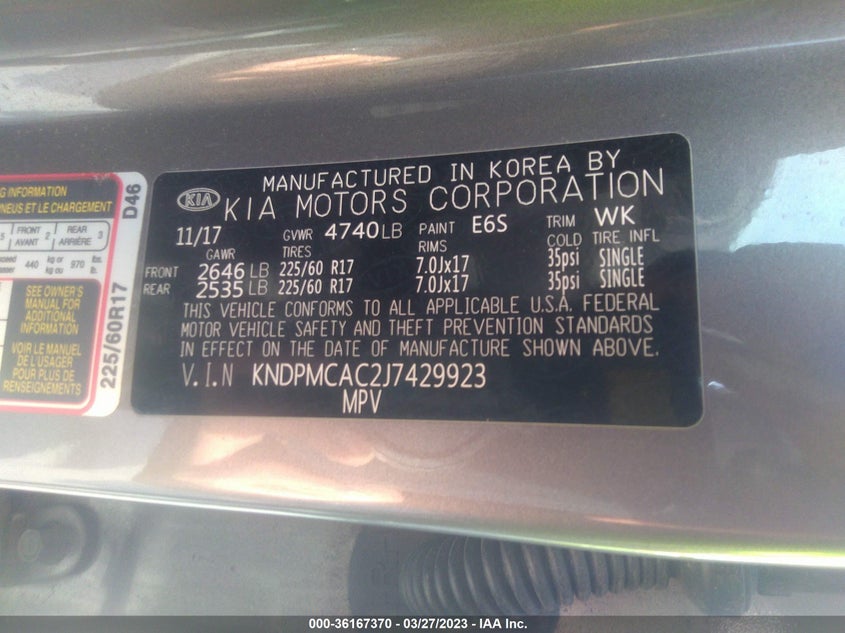 VIN KNDPMCAC2J7429923 2018 KIA SPORTAGE LX