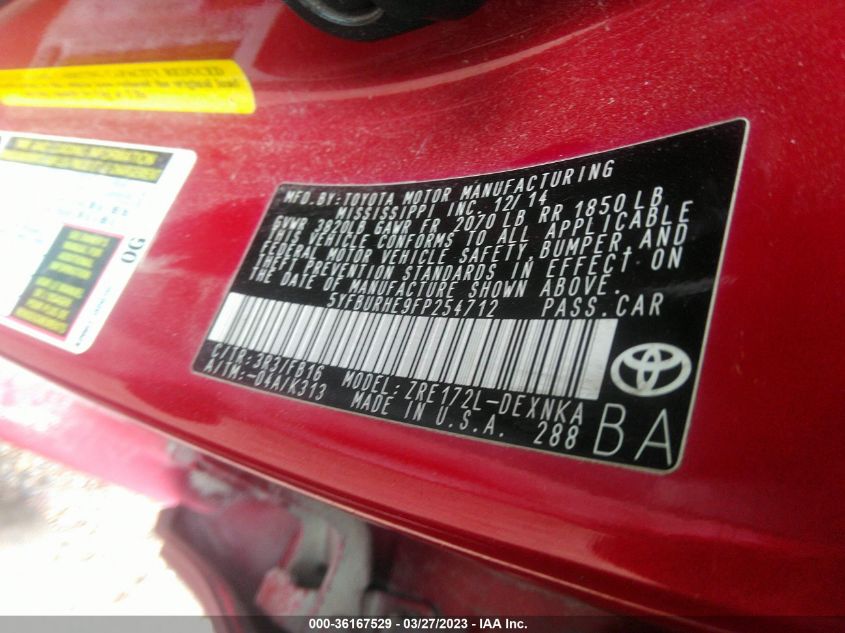 2015 TOYOTA COROLLA L/LE/S/S PLUS/LE PLUS - 5YFBURHE9FP254712