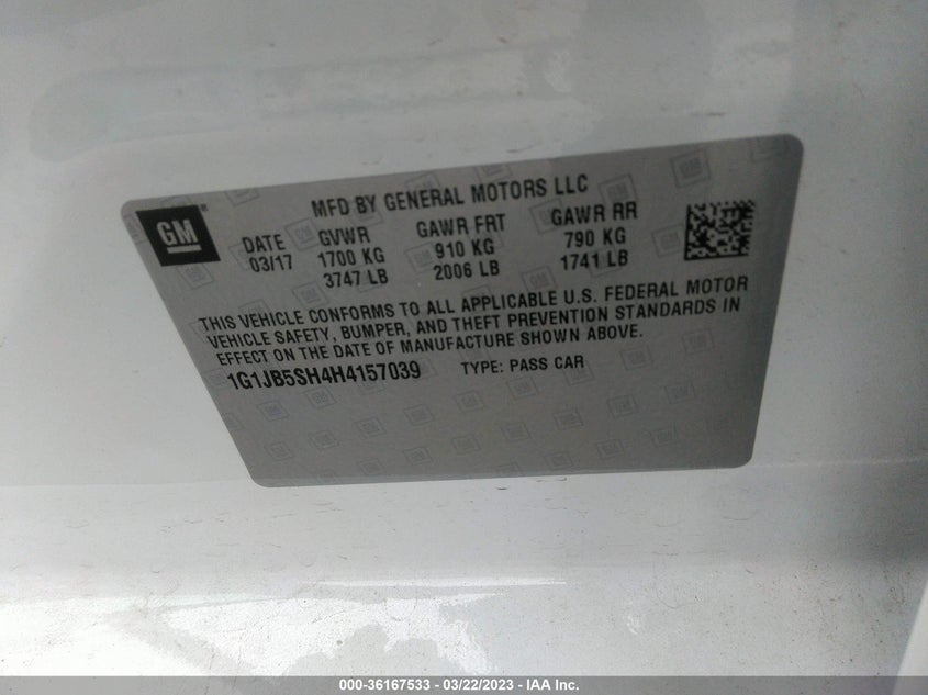 VIN 1G1JB5SH4H4157039 2017 CHEVROLET SONIC LS