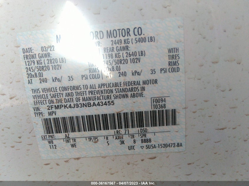 VIN 2FMPK4J93NBA43455 2022 FORD EDGE SEL/ST-LINE