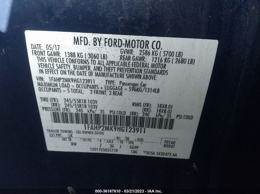 2017 FORD POLICE INTERCEPTOR SEDAN 1FAHP2MK9HG123911