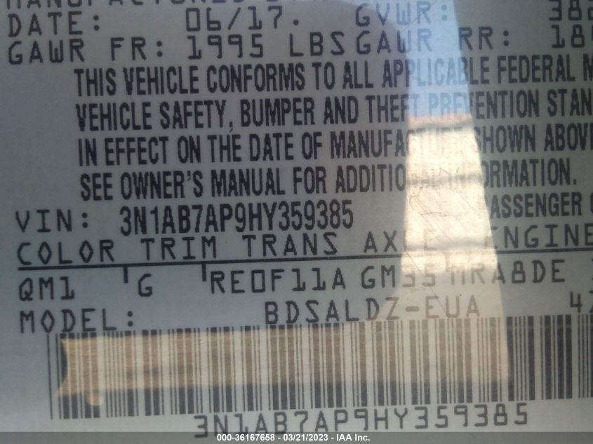 2017 NISSAN SENTRA SV - 3N1AB7AP9HY359385