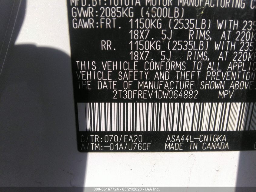2013 TOYOTA RAV4 LIMITED - 2T3DFREV1DW064882