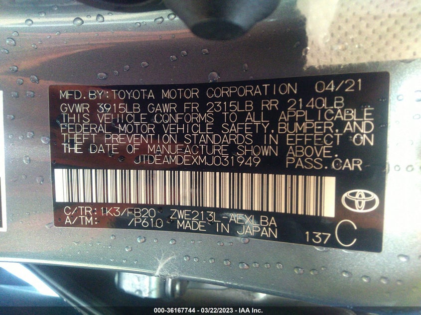 VIN JTDEAMDEXMJ031949 2021 TOYOTA COROLLA HYBRID LE