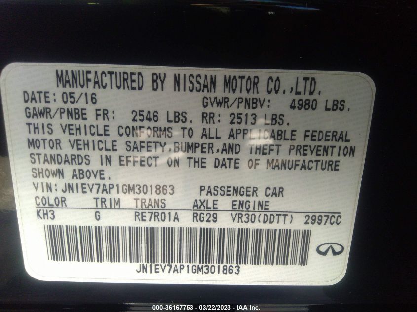 2016 INFINITI Q50 3.0T - JN1EV7AP1GM301863
