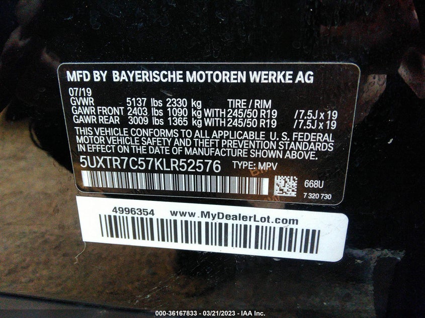 Auction sale of the 2019 BMW X3 , vin: 5UXTR7C57KLR52576, lot number: 36167833