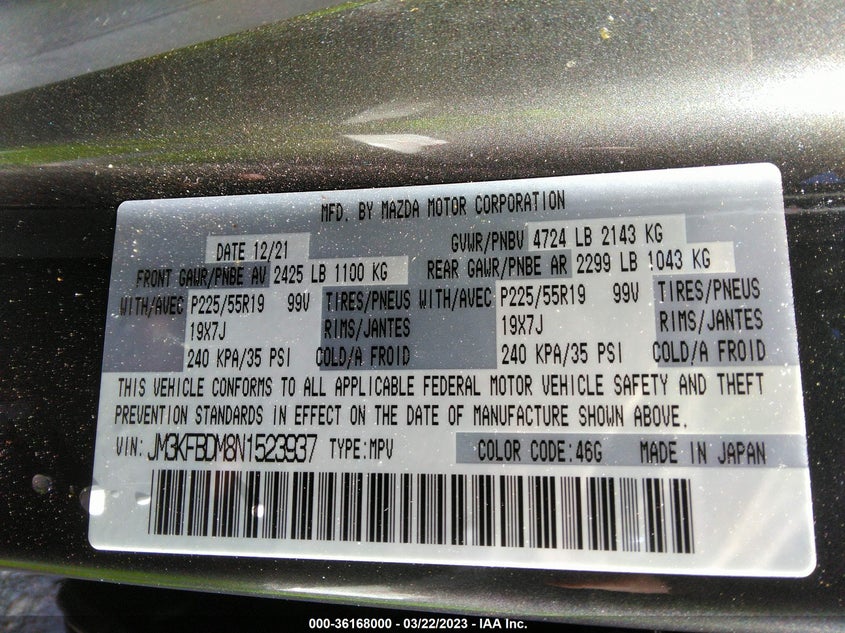VIN JM3KFBDM8N1523937 2022 MAZDA CX-5 2.5 S PREMIUM PACKAGE
