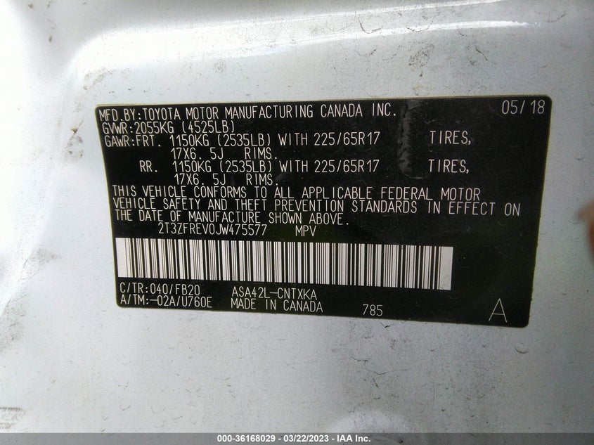 VIN 2T3ZFREV0JW475577 2018 TOYOTA RAV4 LE