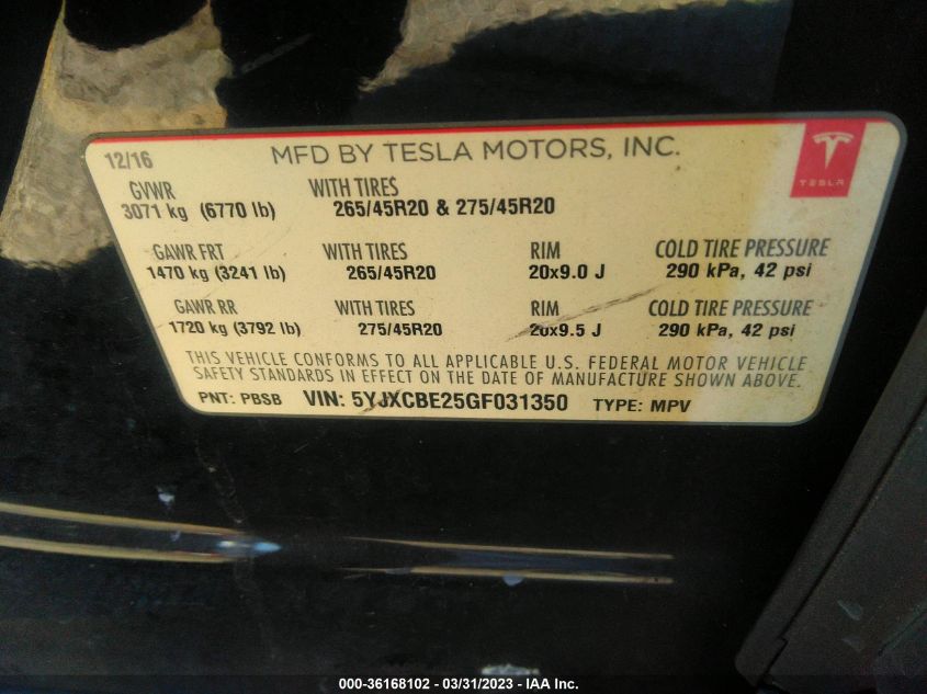 2016 TESLA MODEL X 70D/90D/75D/60D/P100D - 5YJXCBE25GF031350