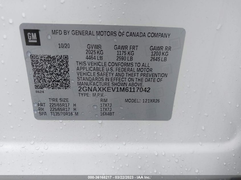 2021 CHEVROLET EQUINOX LT - 2GNAXKEV1M6117042