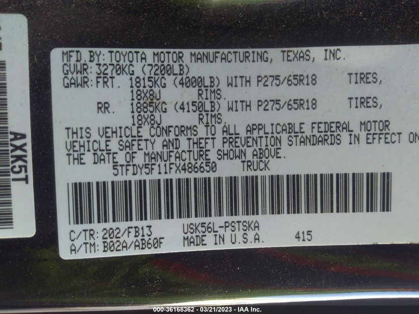2015 TOYOTA TUNDRA 4WD TRUCK SR5/TRD PRO - 5TFDY5F11FX486650