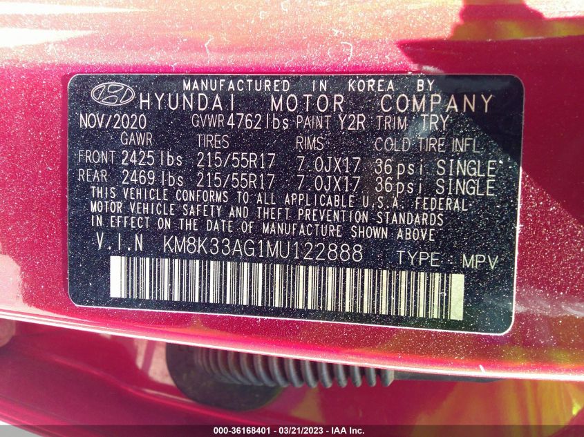 2021 HYUNDAI KONA EV LIMITED KM8K33AG1MU122888