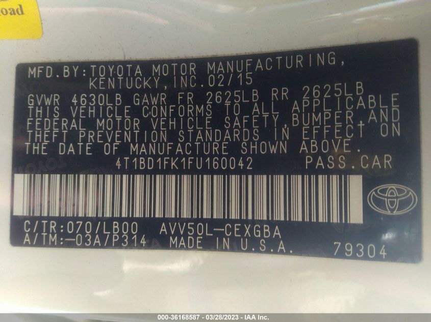 2015 TOYOTA CAMRY HYBRID LE/XLE/SE - 4T1BD1FK1FU160042