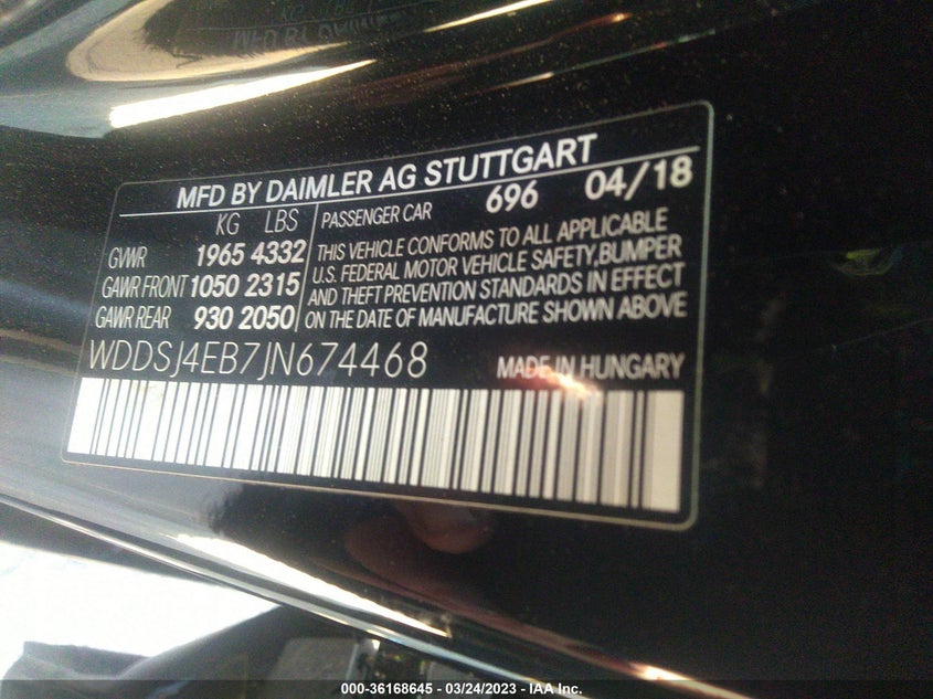 VIN WDDSJ4EB7JN674468 2018 MERCEDES-BENZ CLA CLA 250